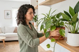 Femme arrangeant des plantes dépolluantes sur une étagère en bois dans un salon scandinave lumineux