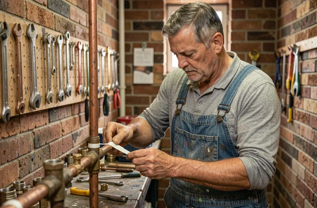Michel Artisan plombier travaillant sur des raccords en cuivre dans un atelier de plomberie artisanale
