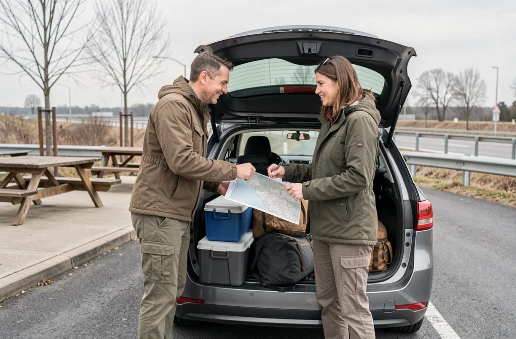 Couple organisant leurs bagages dans le coffre d'un break sur une aire de repos avant un long voyage