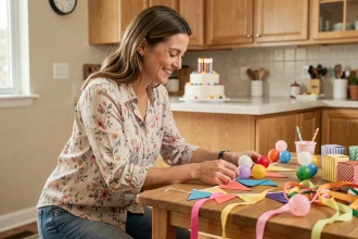 Maman qui prépare des décorations pour une fête d'anniversaire d'enfant dans une cuisine lumineuse