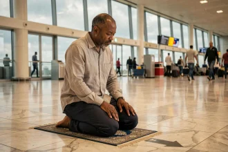 Voyageur musulman effectuant la prière dans un aéroport moderne, sur un tapis de prière de voyage, avec des portes d'embarquement en arrière-plan
