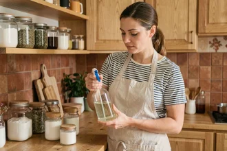 Femme préparant un produit ménager écologique à base de vinaigre blanc dans une cuisine en bois avec des ingrédients naturels