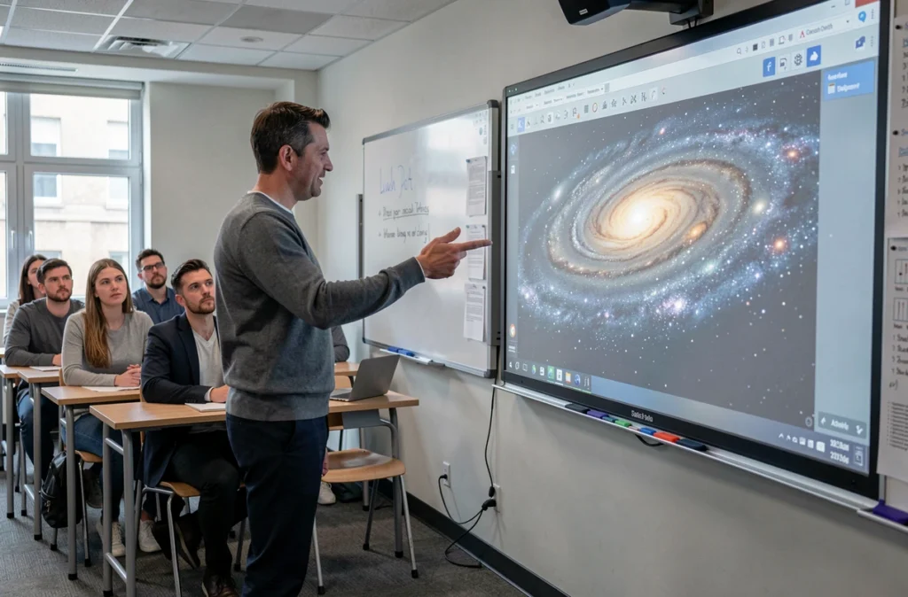 Enseignant universitaire présentant un modèle 3D du système solaire en réalité augmentée devant ses étudiants