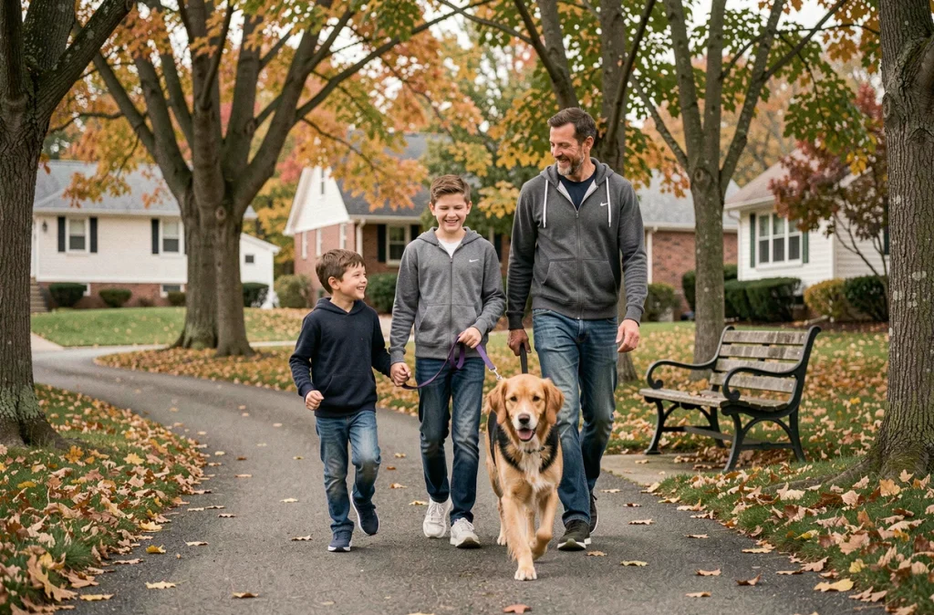 Père et ses deux fils promenant leur chien adopté dans un parc résidentiel en automne