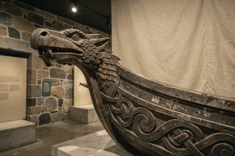Proue de drakkar viking sculptée en tête de dragon exposée dans un musée nordique, bois de chêne ancien avec motifs entrelacés
