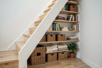 Rangement sous escalier avec étagères en bois, paniers en osier et livres dans un intérieur moderne