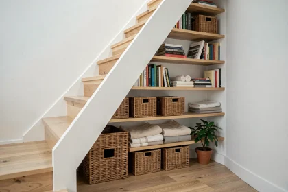 Rangement sous escalier avec étagères en bois, paniers en osier et livres dans un intérieur moderne