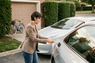Femme branchant le câble de recharge d'une voiture hybride dans une allée résidentielle le matin