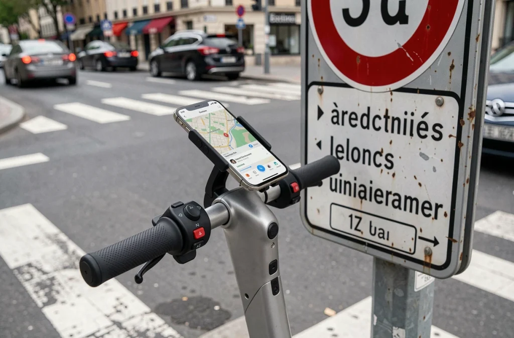 Guidon de trottinette électrique avec smartphone de navigation et panneau de réglementation urbaine en arrière-plan