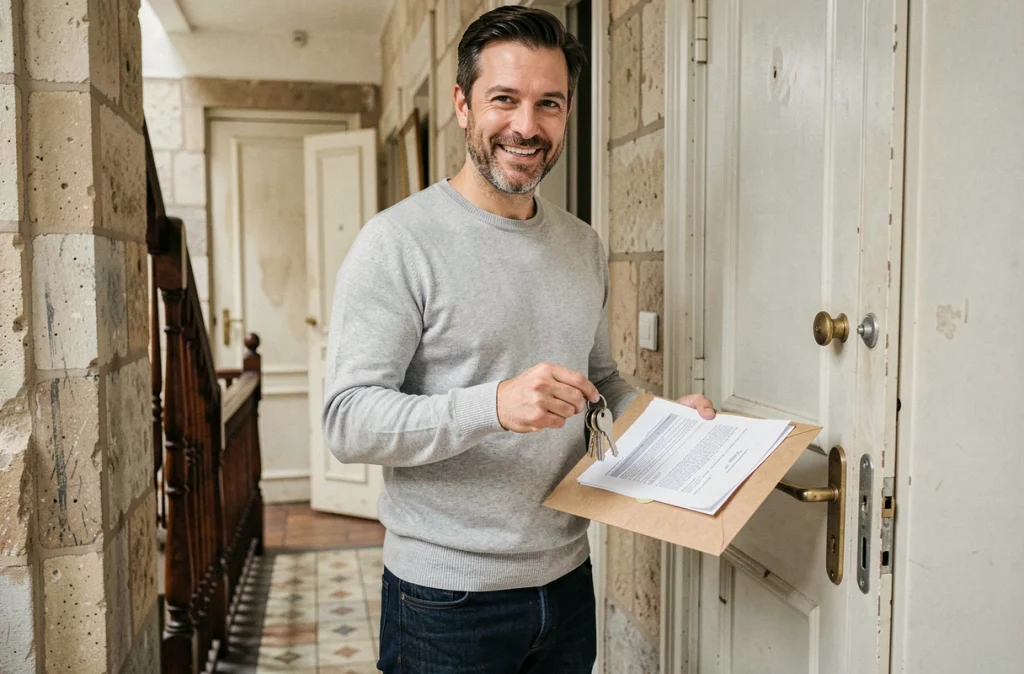Propriétaire remettant les clés d'un logement meublé à un nouveau locataire dans un couloir d'immeuble parisien