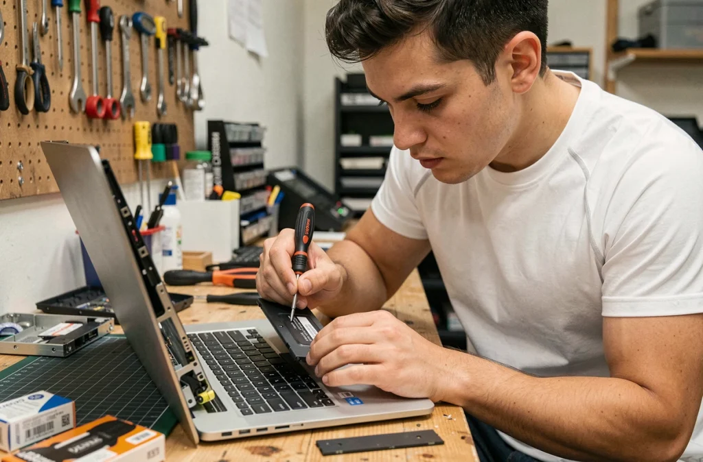 Jeune homme remplaçant la batterie d'un ordinateur portable dans un atelier de réparation pour en prolonger la durée de vie