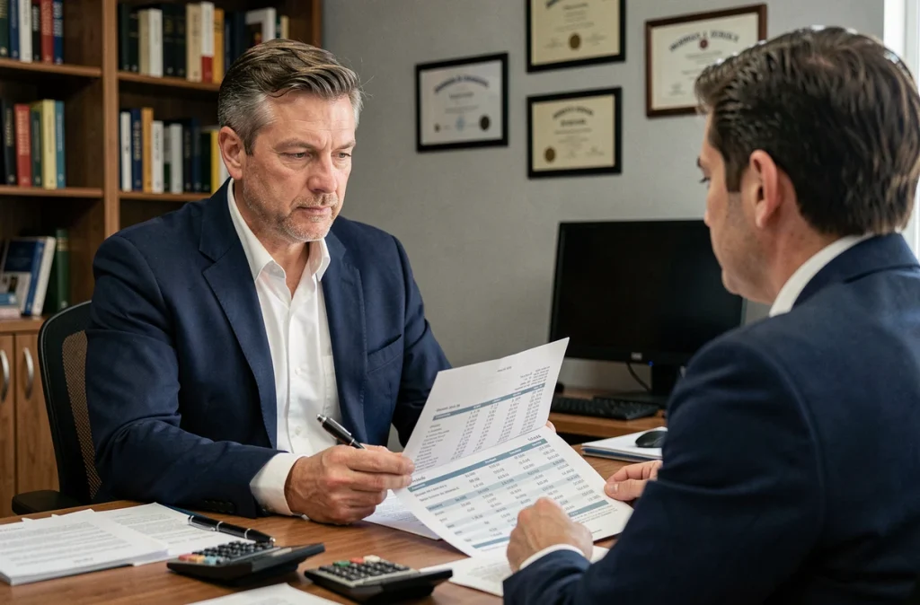Homme en rendez-vous bancaire pour un crédit à la consommation avec un conseiller financier