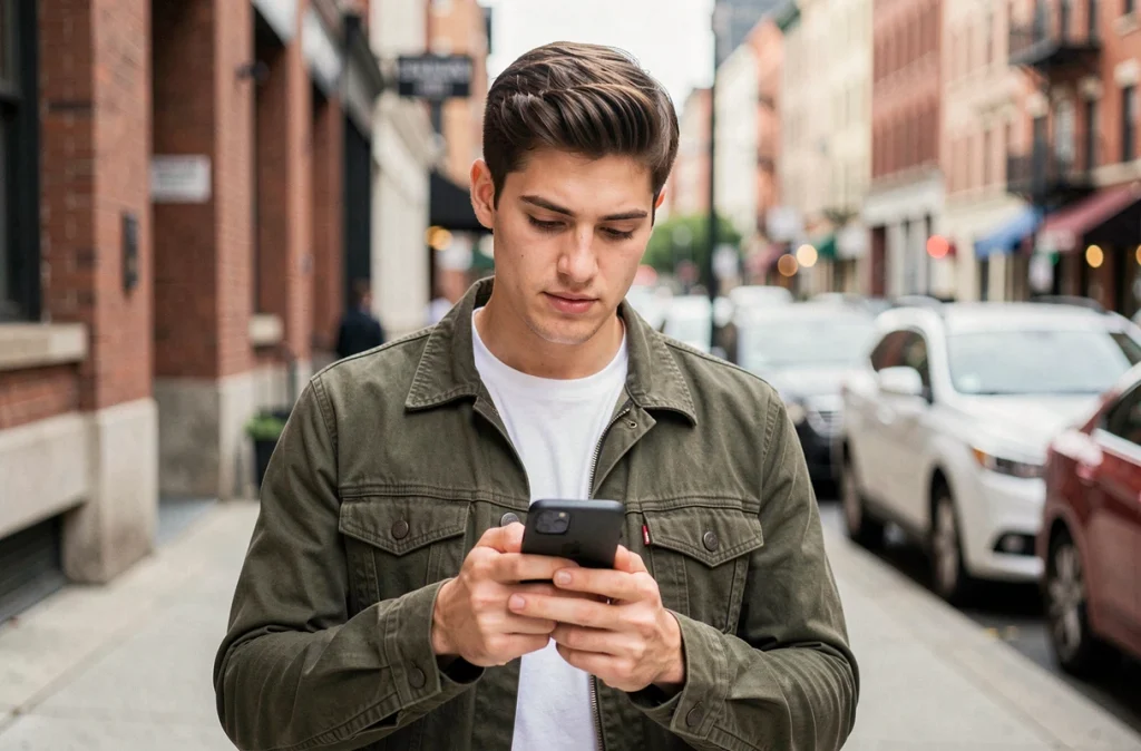 Jeune homme vérifiant son répondeur Free en milieu urbain depuis son smartphone