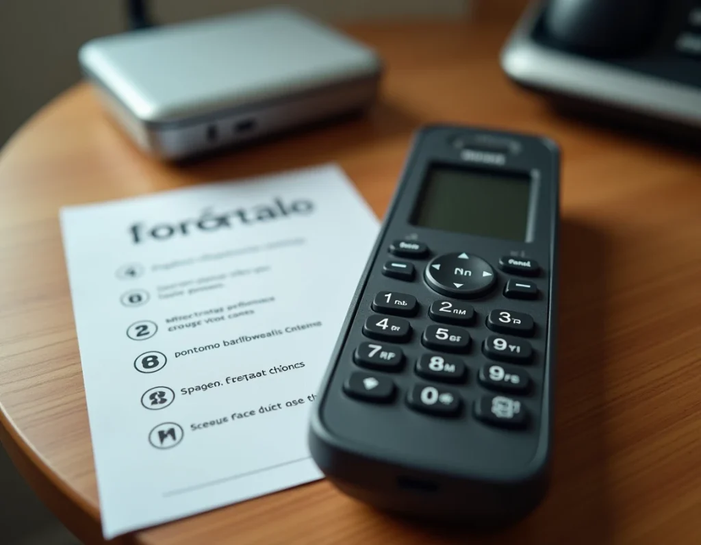 Gros plan sur un téléphone fixe et une notice d'accès au répondeur Free posés sur une table en bois