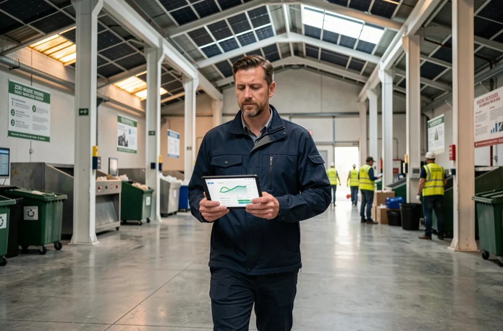 Responsable industriel inspectant les installations écologiques d'une usine modernisée avec panneaux solaires et stations de recyclage dans le cadre d'une stratégie environnementale d'entreprise