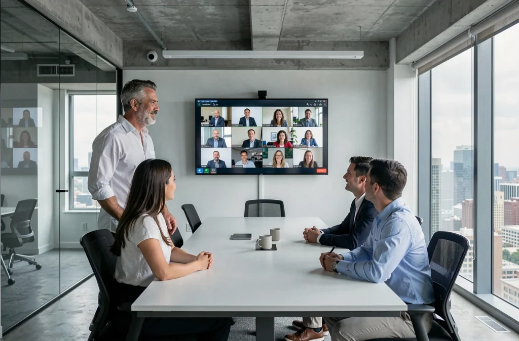 Réunion hybride en entreprise avec des collègues présents en salle et des participants en télétravail sur grand écran