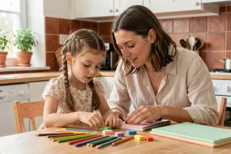 Mère et fille préparant ensemble les fournitures scolaires à la table de cuisine lors d'un rituel de rentrée serein