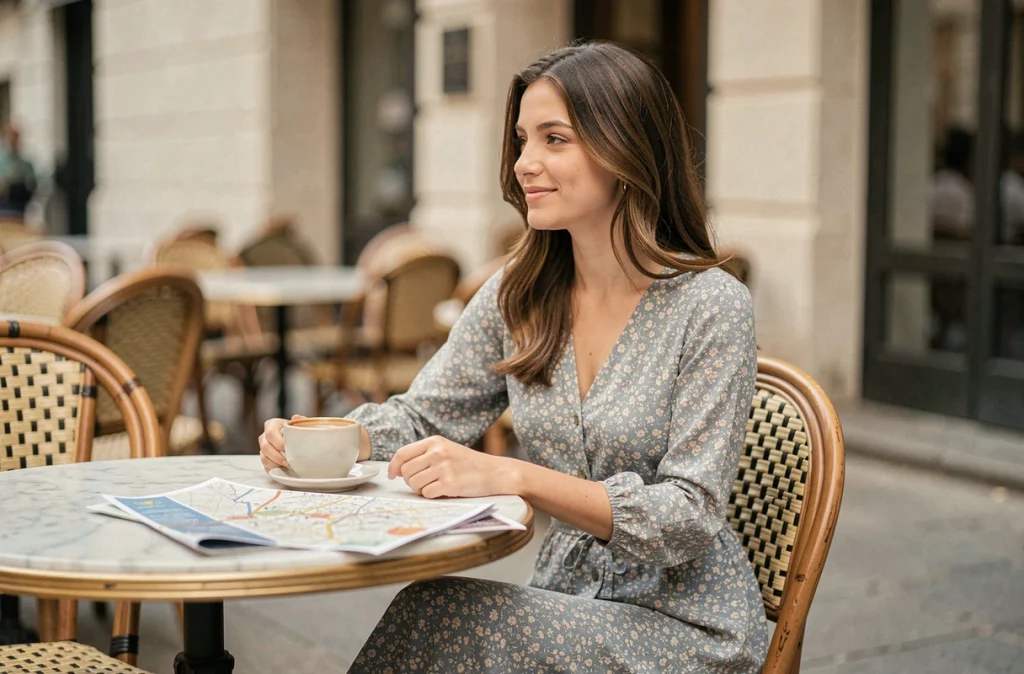 Jeune femme en robe longue à fleurs bleues assise à la terrasse d'un café parisien