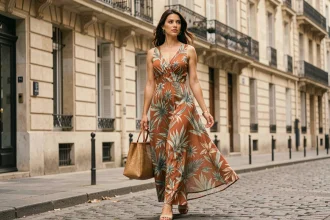 Femme élégante portant une robe longue imprimée à motifs botaniques marchant dans une rue pavée parisienne