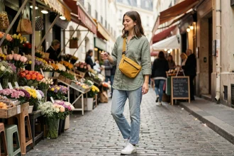 Jeune femme portant un sac banane jaune moutarde en bandoulière dans un marché de rue parisien