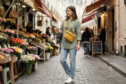 Jeune femme portant un sac banane jaune moutarde en bandoulière dans un marché de rue parisien