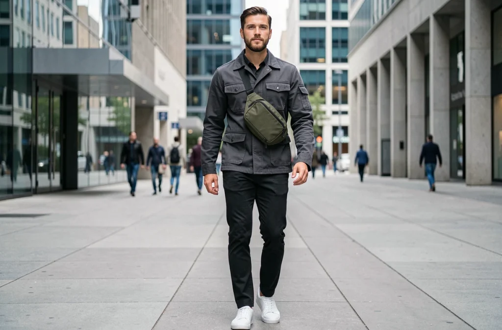 Homme en veste utilitaire portant un sac banane vert olive autour de la taille dans un quartier urbain moderne