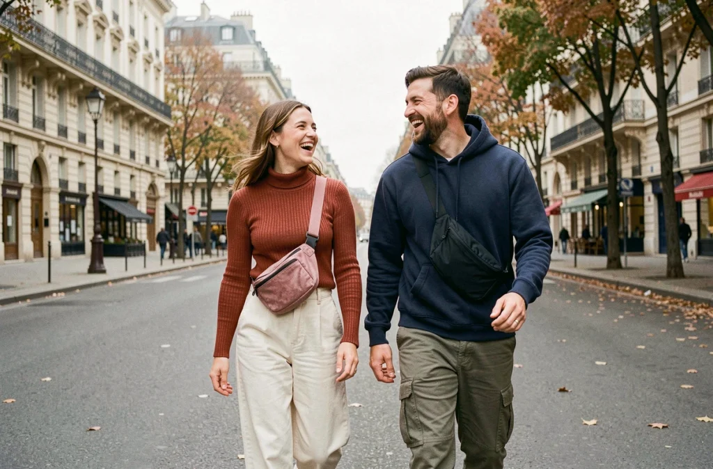 Deux amis portant des sacs banane tendance en balade sur un boulevard parisien en automne