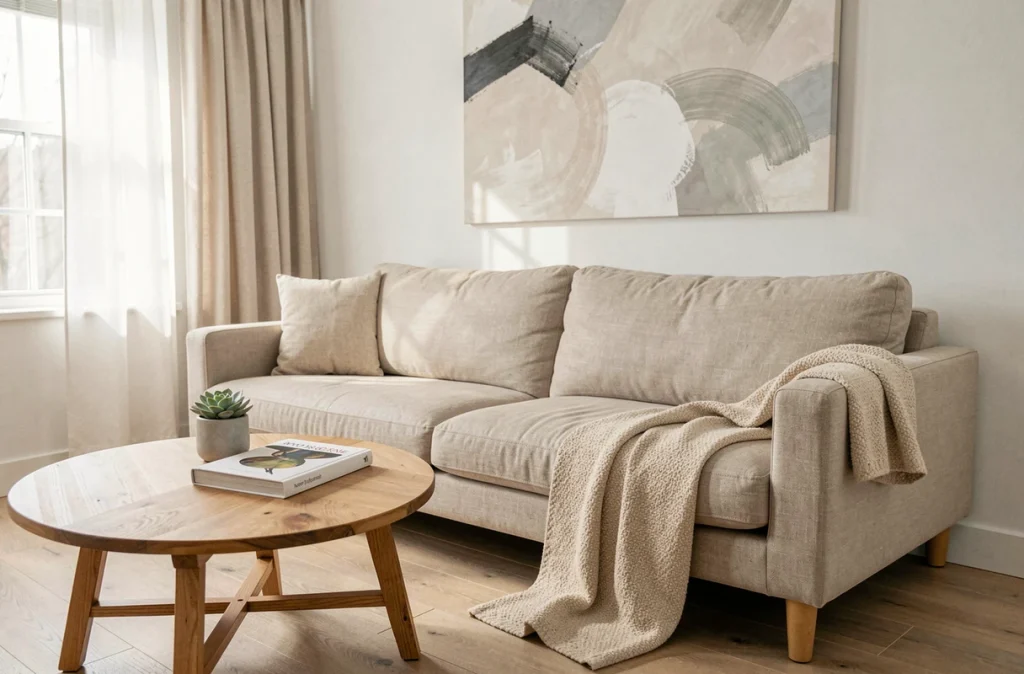Salon soigneusement aménagé pour le home staging avec canapé en lin et décoration minimaliste