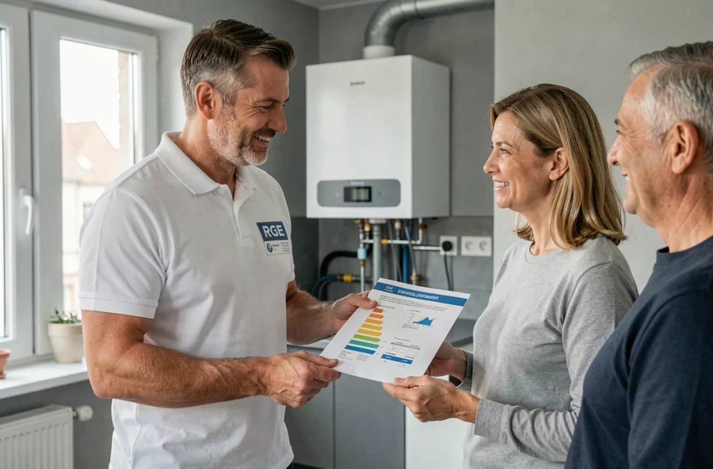 Plombier certifié RGE SCE présentant des documents à des clients à Strasbourg