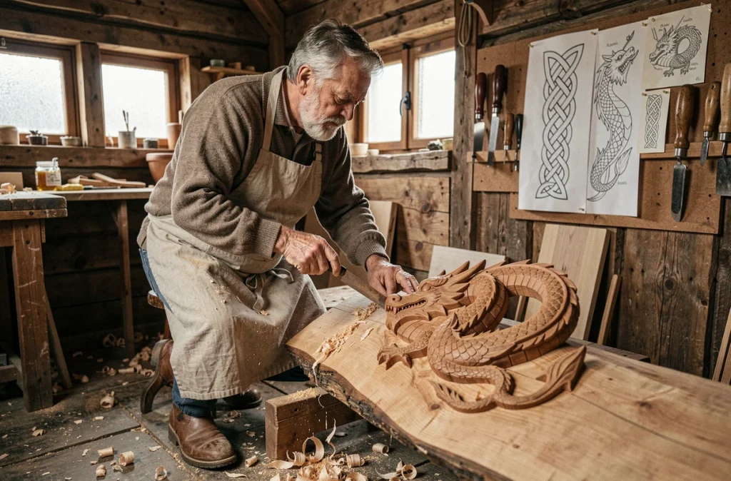 Artisan sculpteur sur bois reproduisant un dragon viking sur un panneau de chêne dans un atelier traditionnel scandinave