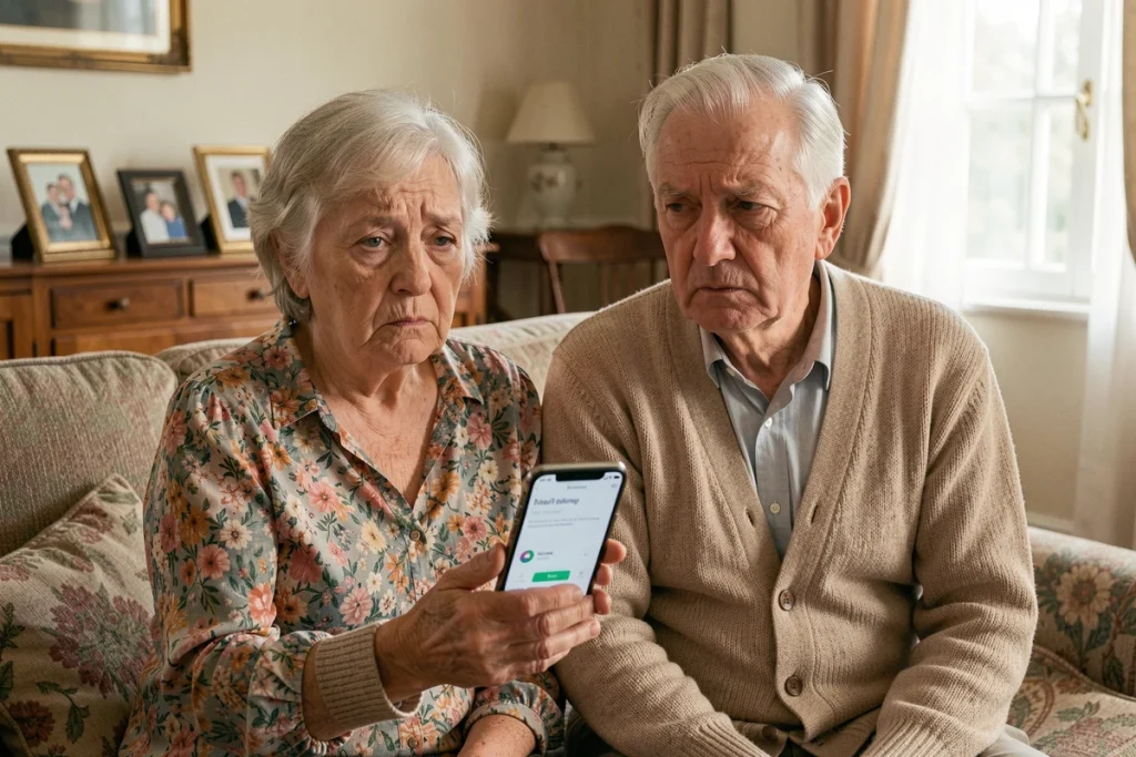 Couple de seniors inquiets face à un appel téléphonique suspect de démarchage