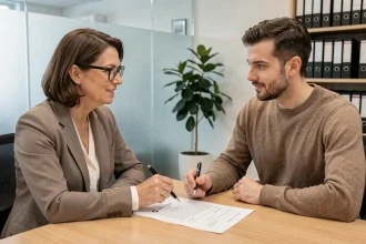 Propriétaire et locataire signant un contrat de location meublée dans une agence immobilière moderne