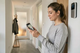 Femme consultant son smartphone connecté à une sonnette vidéo intelligente dans un couloir d'appartement moderne