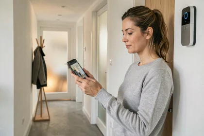 Femme consultant son smartphone connecté à une sonnette vidéo intelligente dans un couloir d'appartement moderne
