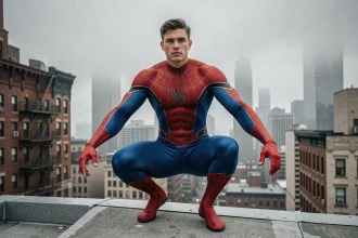 Jeune homme en costume de Spider-Man accroupi sur un toit en hauteur avec une vue panoramique sur les gratte-ciels d'une grande ville