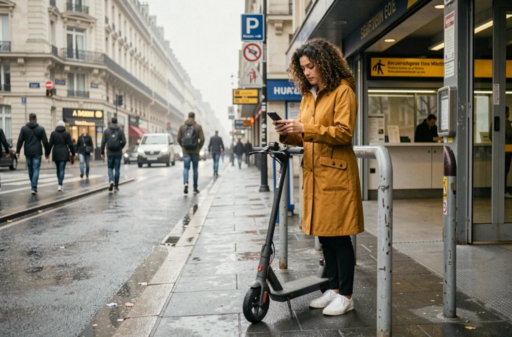 Femme garant sa trottinette électrique dans un espace de stationnement dédié près d'une station de métro