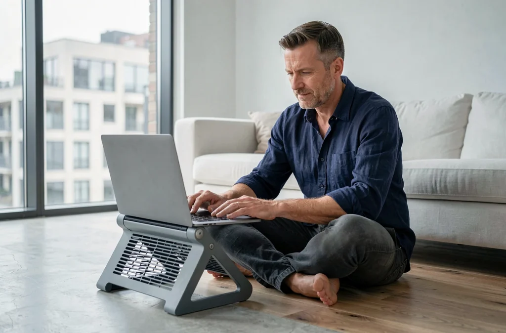 Homme plaçant son ordinateur portable sur un support de refroidissement pour éviter la surchauffe et prolonger la durée de vie de l'appareil