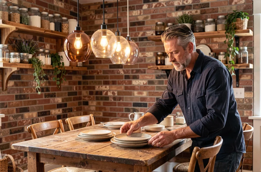 Homme dressant une table sous des suspensions en verre ambré dans une cuisine rustique chaleureuse