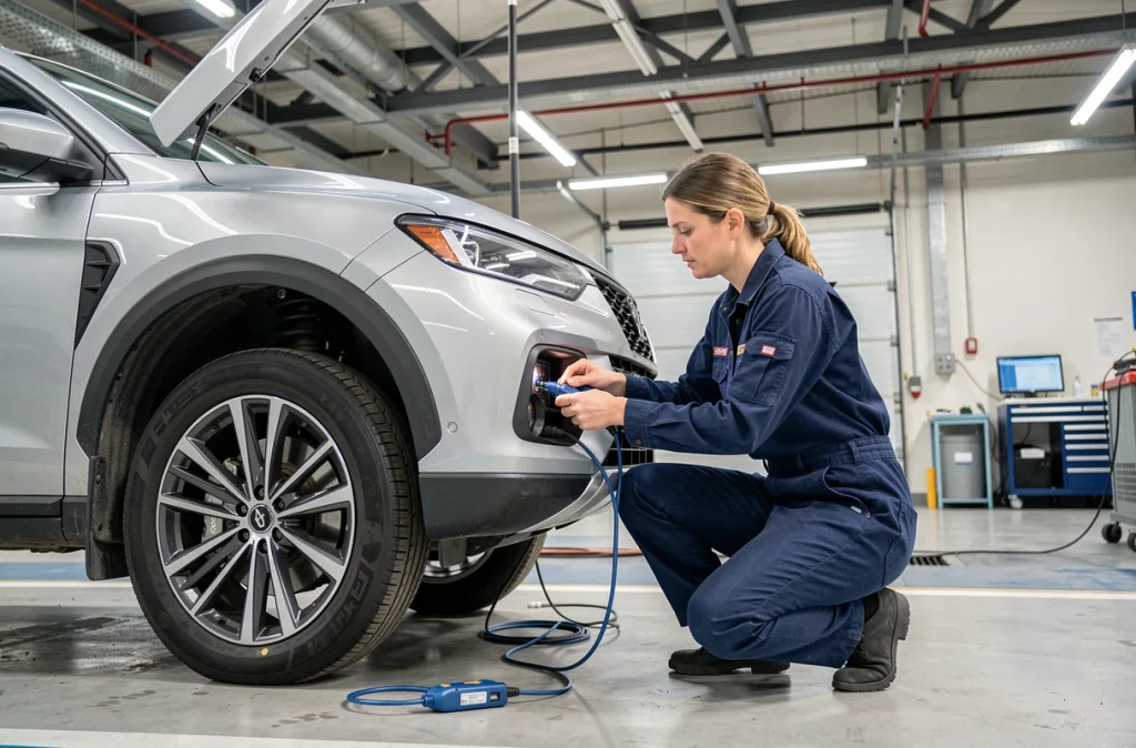 Technicienne en sécurité automobile connectant des capteurs ADAS sur un SUV dans un atelier de test professionnel