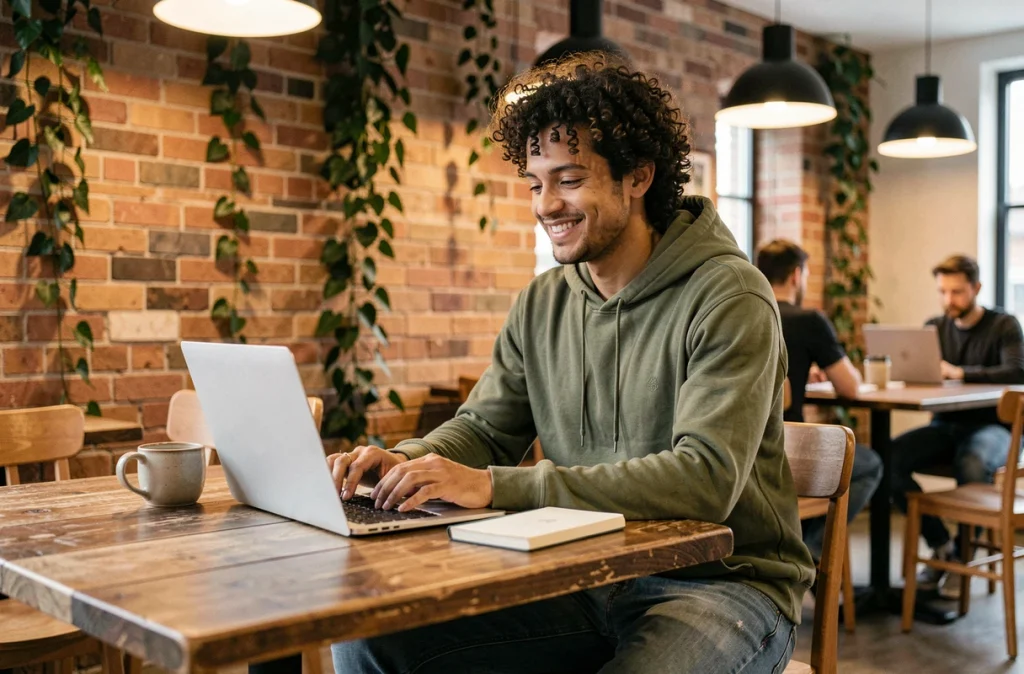 Jeune professionnel en télétravail dans un espace de coworking chaleureux, représentant la flexibilité et l'autonomie comme piliers du bien-être au travail