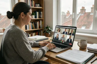 Femme en télétravail participant à une réunion d'équipe en visioconférence depuis son bureau à domicile