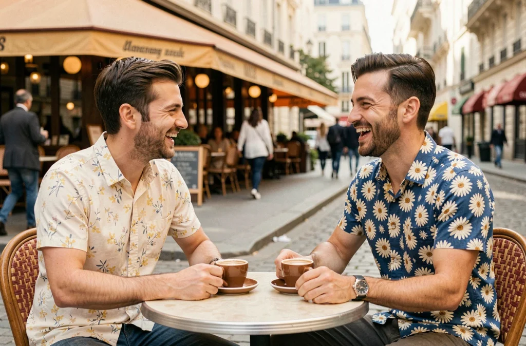 Deux hommes portant des chemises à motifs fleuris différents attablés dans un café parisien en terrasse