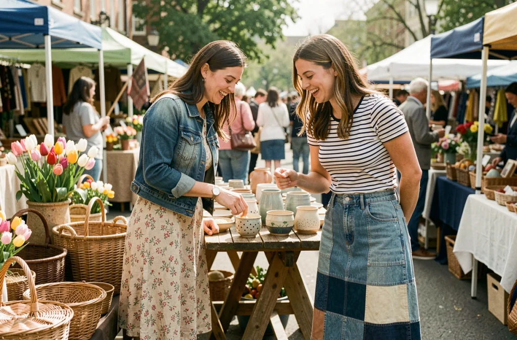 Deux femmes en tenues denim tendance printemps-été au marché outdoor, veste en jean et jupe patchwork denim, ambiance lifestyle