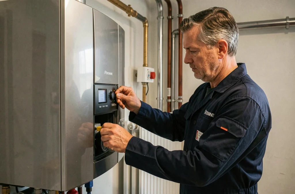 Chauffagiste et plombier Thermoplus réglant une chaudière à condensation en Lorraine
