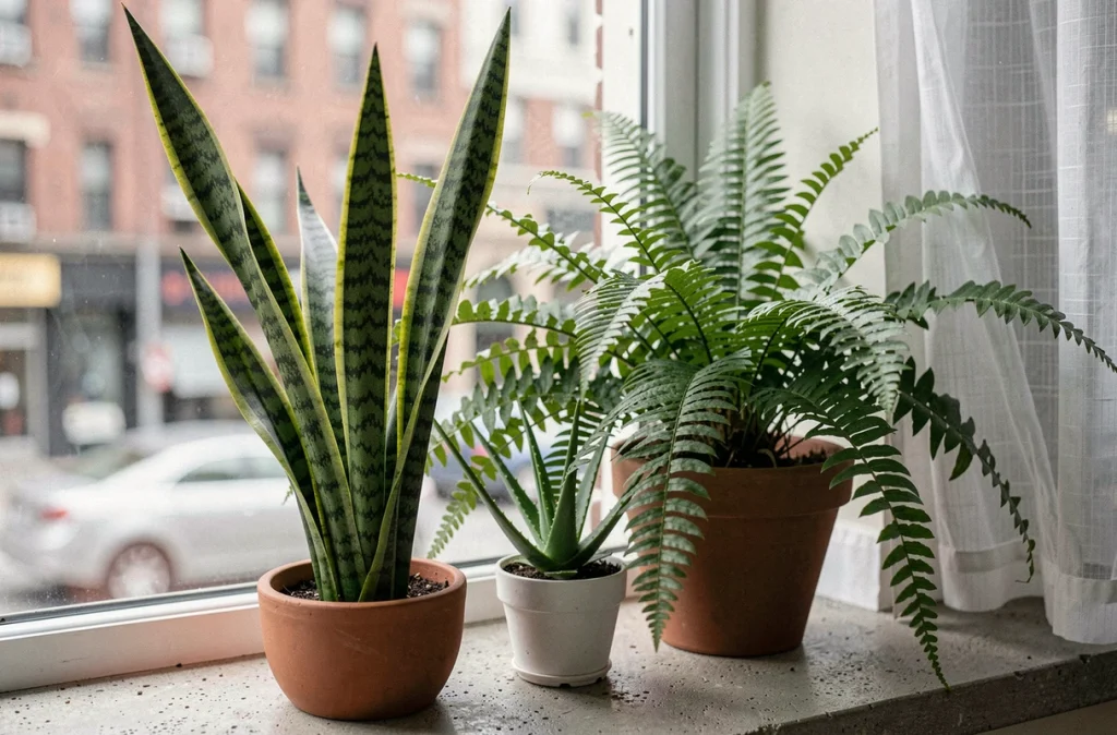 Trio de plantes purificatrices d'air sur un rebord de fenêtre en béton avec vue urbaine floue en arrière-plan