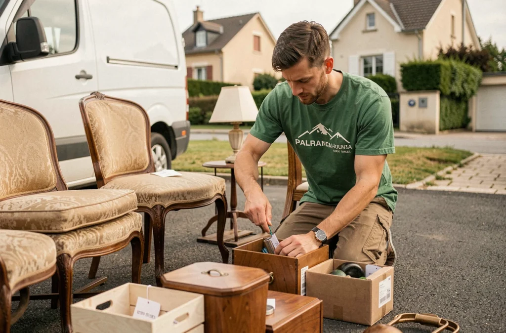 Travailleur de Trokeur Débarras triant des objets de seconde main sur une allée en zone résidentielle