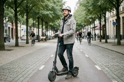 Homme adulte à trottinette électrique sur une piste cyclable en ville avec casque homologué
