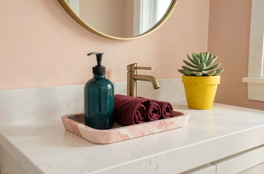 Plan vasque de salle de bain avec plateau marbre rose, bouteille teal et serviettes bordeaux roulées