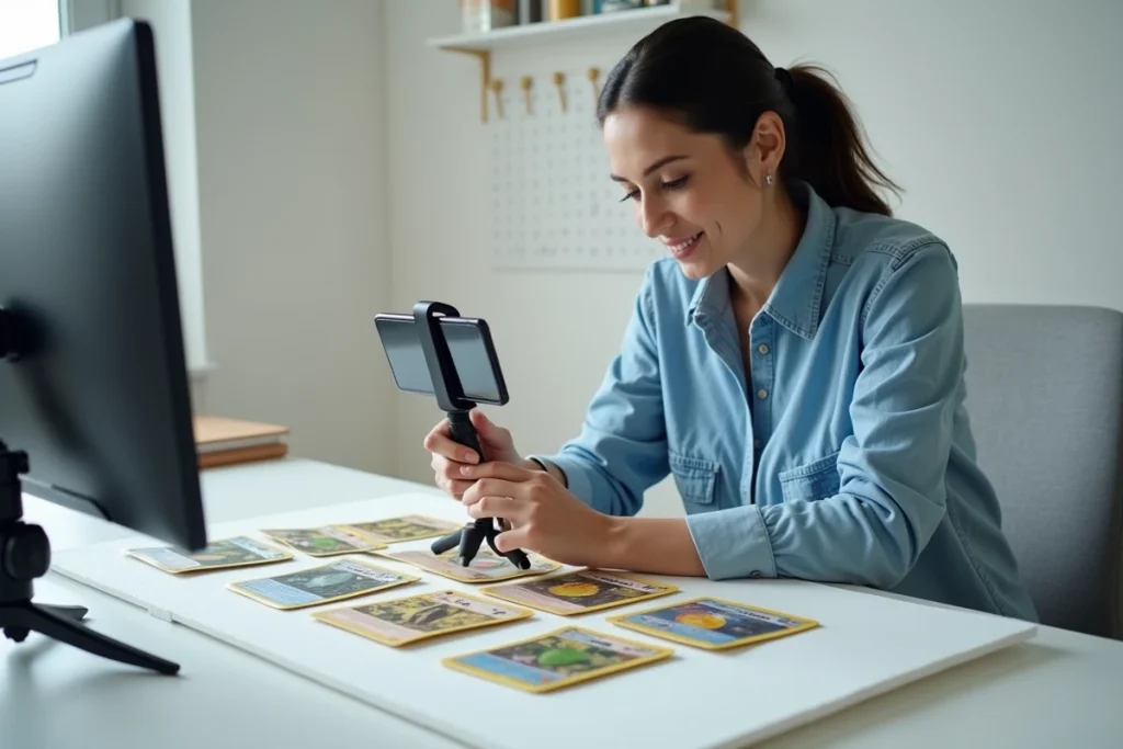 Femme photographiant ses cartes Méga Évolution pour les mettre en vente en ligne