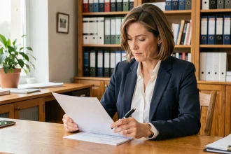 Femme examinant attentivement un compromis de vente immobilier dans un bureau de notaire